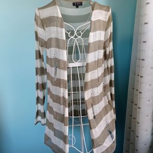 POL Taupe & Off White Striped Cardigan - Size Med